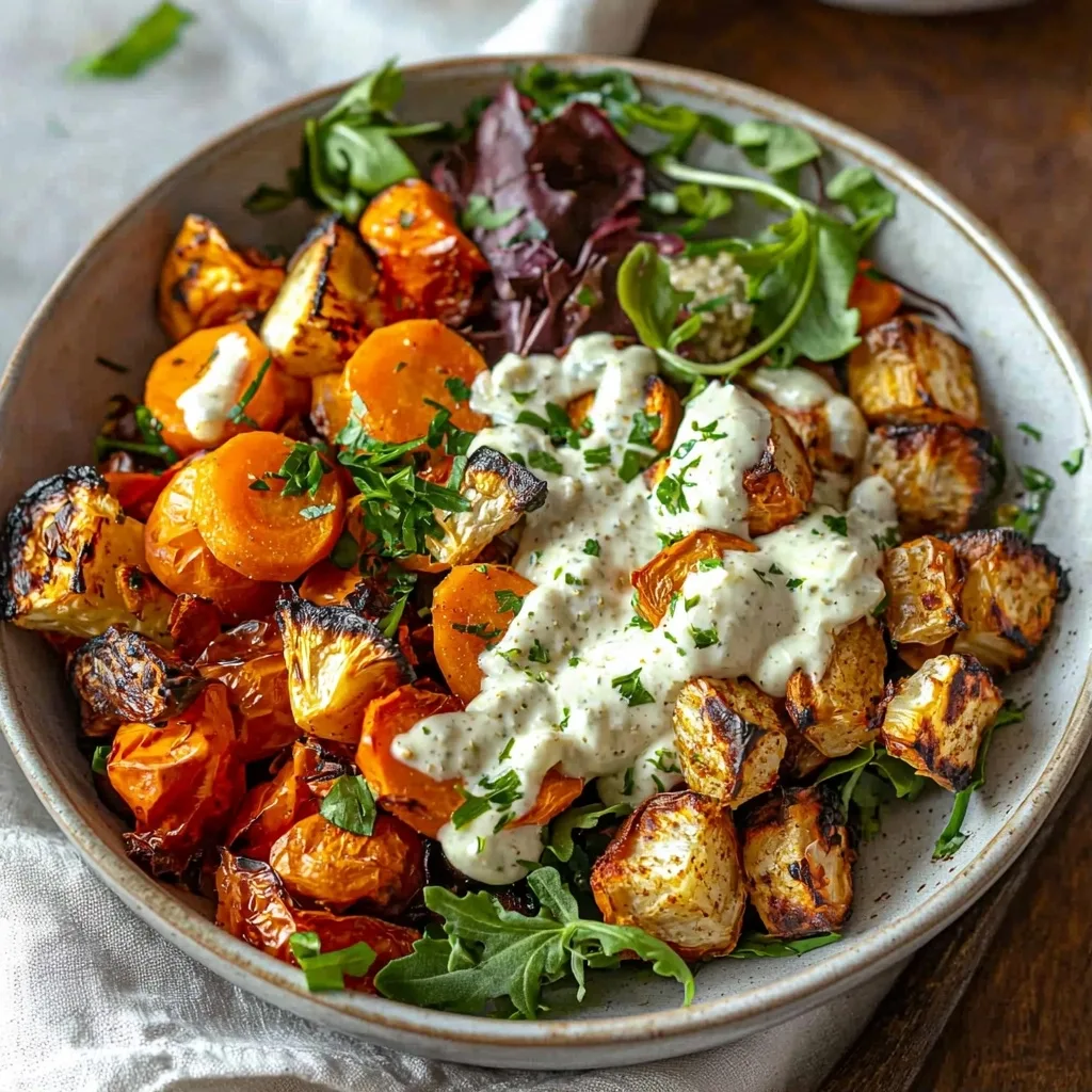 Glow Bowl with Roasted Veggies and Tahini Yogurt Sauce
