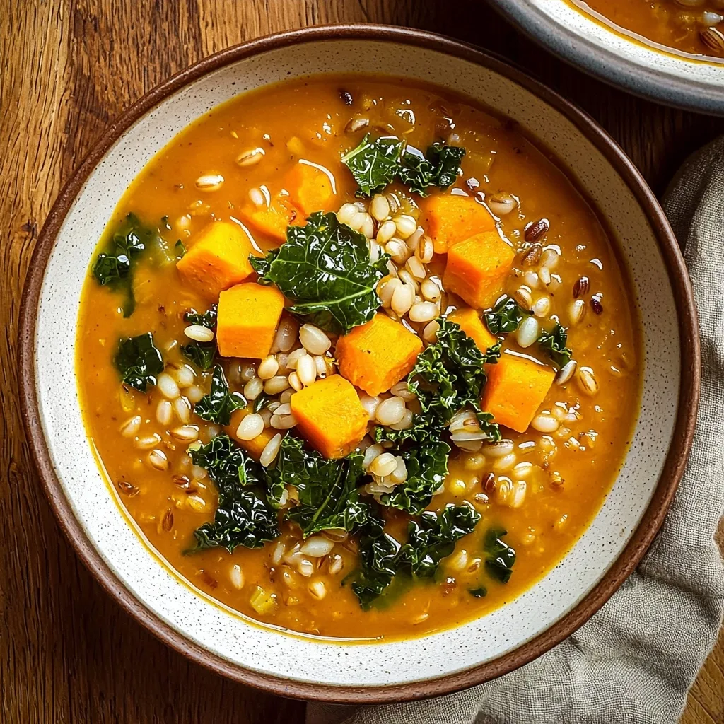 Pumpkin Sweet Potato Soup with Barley and Kale